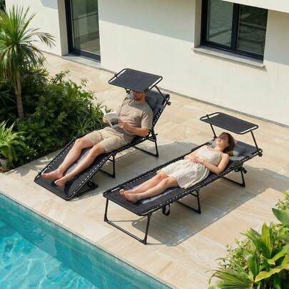 XXL Foldable Sun Lounger With Canopy, 199 * 66 Cm Extra Wide, Adjustable Lounger With 5 Backrest Positions And 2 Leg Positions, Padded, Load Capacity Up To 150 Kg, For Pool, Garden, Camping