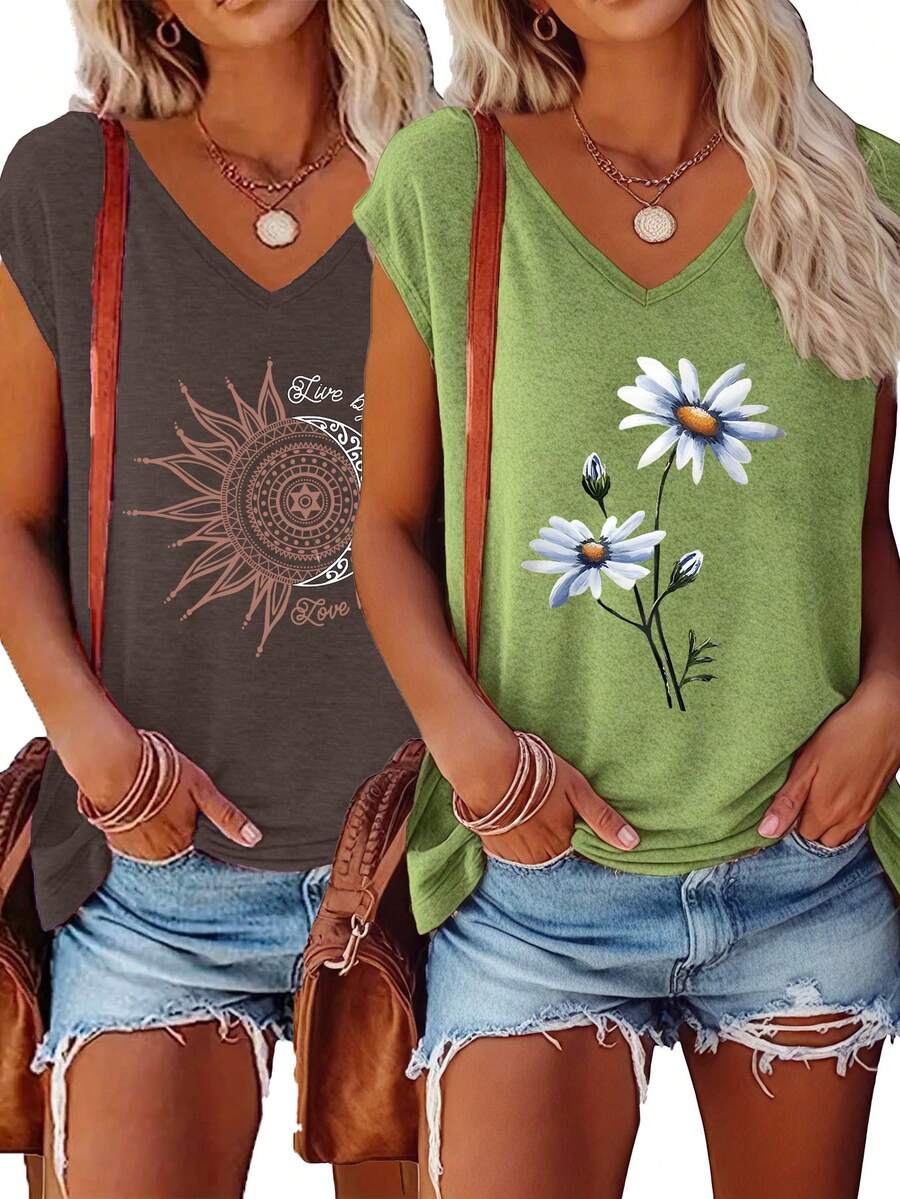 2pcs Solid V-Neck T-Shirts, Casual Short Sleeve Tees For Women, Spring/Summer