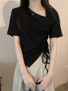 Women's Summer Solid Color Asymmetric Neck Side Drawstring Short Sleeve Casual T-Shirt Black - Black - View 5