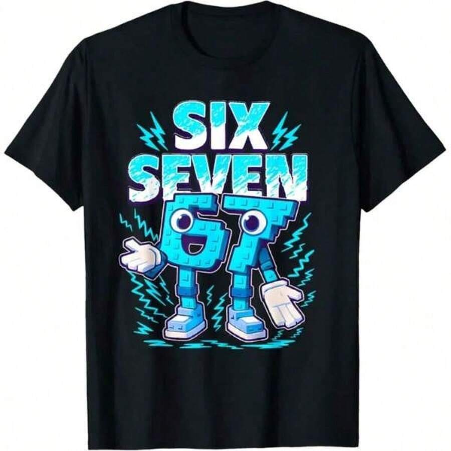 T-shirt décontracté à imprimé mode Meme 67 Six Seven 6 7 T-shirt de Noël Brainrot italien, T-shirt imprimé sur un seul côté à manches courtes, style pull-over, style rétro hip-hop, style de rue, lavable en machine, coton épais 180g, Top d'été printemps, t-shirt coupe décontractée, noir - cadeau parfait pour Thanksgiving, Noël et Nouvel An - Noir - Voir 1