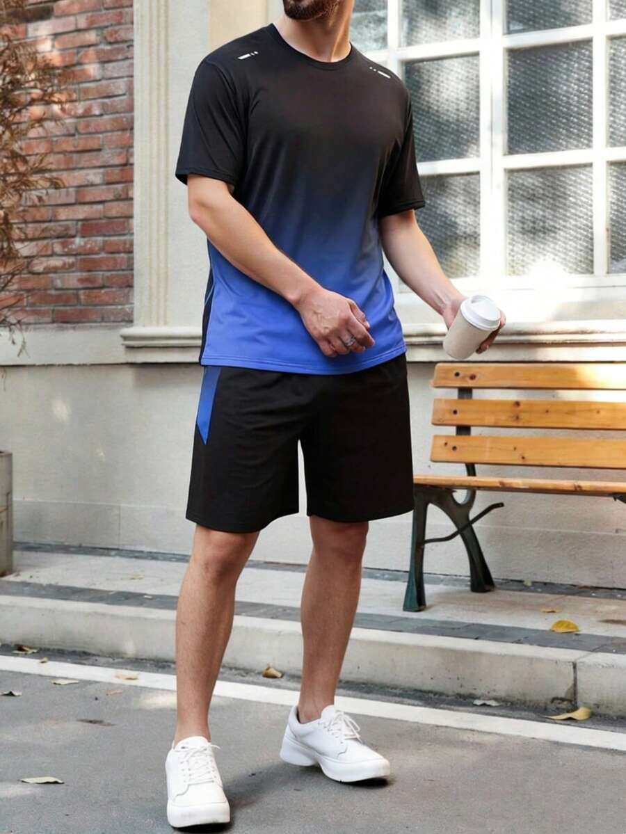 Conjunto de pantalones cortos y camisa de manga corta casual con estampado de rayas 3D y color contrastante para hombres, apto para deportes al aire libre, playa y tiempo libre, adecuado para primavera/verano/otoño