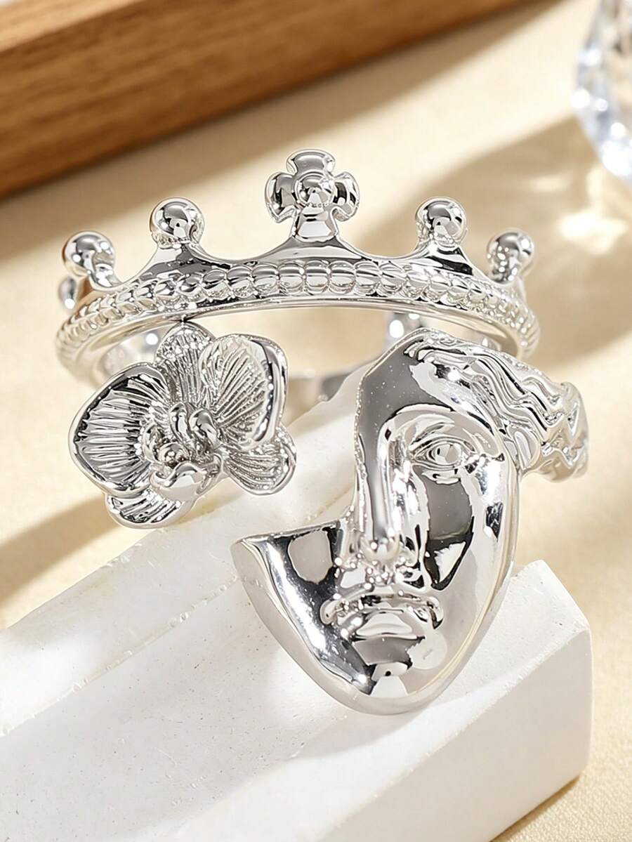 1 Set Vintage Elegant Portrait Rings For Women, Adjustable Open Crown & Flower Face Copper Rings, French Retro Masquerade Mask Face Stacking Crown Rings, Suitable For Daily, Party, Date, Holiday, Music Festival, Beach Vacation, Gift For Friends, Family, Couples, Jewelry Accessories