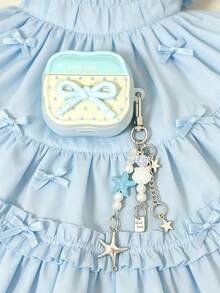 Korean Style Milky Blue Polka Dot Bow Bluetooth Earphone Protective Case, With Polka Dot Bow Design And Star Pendant, Shockproof And Scratch-Resistant Earphone Case, Compatible With Apple 1/2/3/4/Pro/Pro2(Nd)/Pro3(Rd) - Baby Blue - View 4