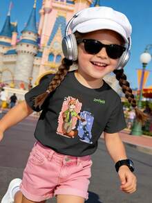 1 Piece Cute Style Kids T-Shirt Disney Zootopia Nick & Judy Print Summer Breathable Black Short Sleeve Top, This Baby Girl Clothing Is Suitable For Dailr, Versatile And Non-Stuffy, Suitable For Spring And Summer, Vacation, Outdoor Activities, Amusement Park Outfits, Gift For Kids. - Black - View 2