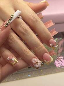 24片装奢华可爱3D花朵白色珍珠水钻法式美甲贴纸，适合女士和女孩在约会、婚礼、派对和节日庆典时更换指甲。 - 彩色 - 查看 1