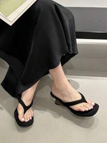 夏季新款坡跟人字拖，8厘米高跟休闲凉鞋，女士款 - 黑色 - 查看 6
