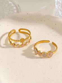 Set Cincin 2 Buah/Set Stainless Steel Berlapis Emas 18K dengan Desain Bintang & Bunga, Cocok untuk Pemakaian Sehari-hari dan Pesta Wanita - MultiWarna - View 6