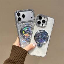 Rotating Horse Phone Holder Case, Silver/White Glitter Rhinestone Ring Grip Soft Protective Cover With Lens Protection, Compatible With IPhone 17/16/15/14/13 Pro Max - Multicolor - View 3