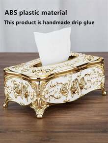 1pc European Rose Pattern Paper Towel Box, Suitable For Hotel, Restaurant, Home, Bathroom Paper Towel Storage And Desktop Decoration, Also Can Be Used For Home Bathroom Decor, Bathroom Storage, Autumn Decor And Back To School Decor. - Gold White - View 2