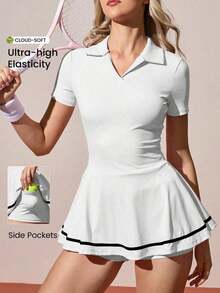CourtClass Vestido deportivo casual de mujer con contraste de color en el cuello y mangas cortas, vestido de tenis de verano negro con bolsillos, vestido de tenis de manga corta para mujer, vestido de tenis, falda pantalón deportiva - Blanco - Ver 12
