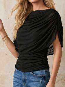 Women's Sleeveless Draped V-Neck Top, Semi-Sheer Knit Fabric, Fitted Silhouette, Regular Length, Black Summer - Black - View 4