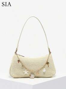 1pc Women's Vintage Resort Ocean Creature Faux Pearl Cherry Blossom Floral Faux Fur Tail Woven Crossbody Bag, Suitable For Dates, Outings, Vacations - 杏 5 - 查看 8