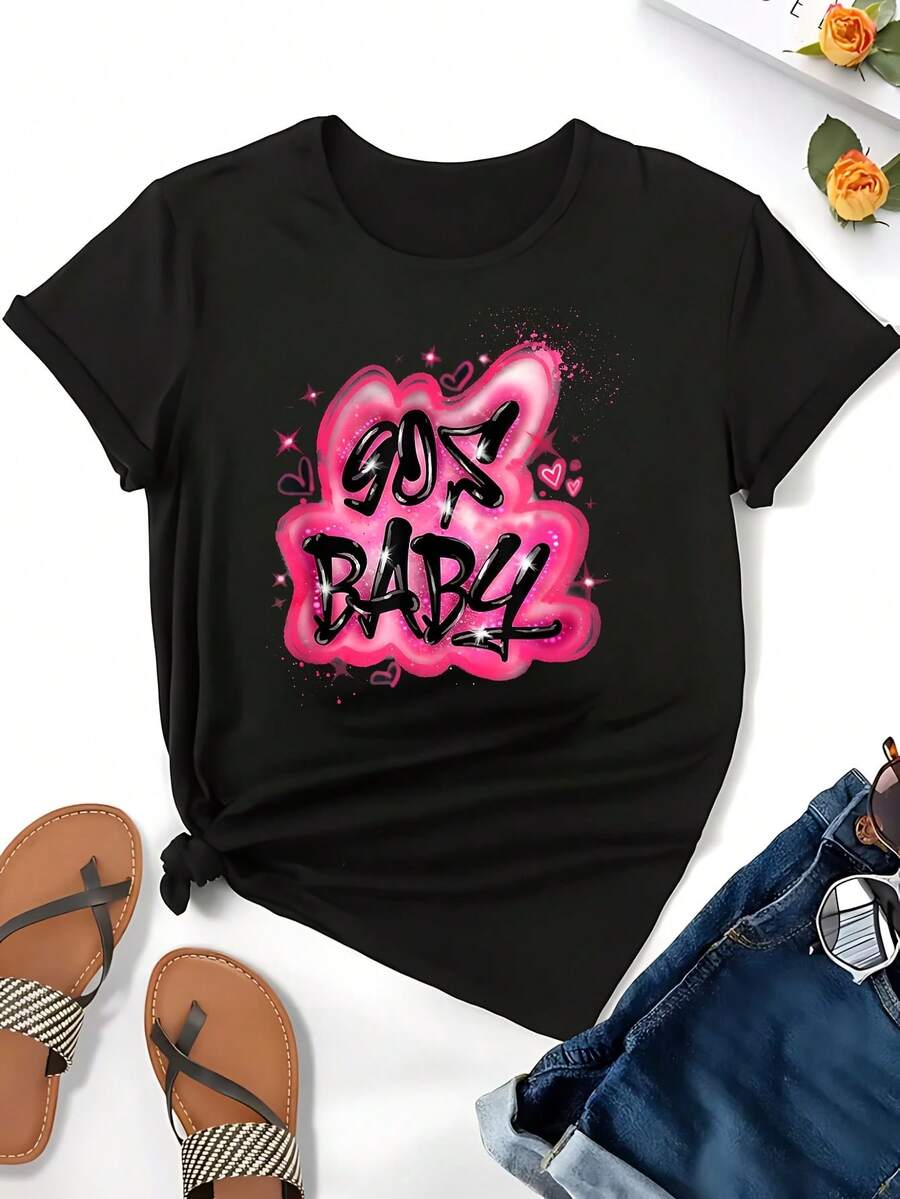 90s Graphic Classic Airbrush Illustration Retro Birthday Women's Plus Size T-Shirt Oversized Graphic Short Sleeve 1 Pcs Tee Novelty 100% Polyester Shirt Casual Crew Neck Top 220g - 黑色 - 查看 1