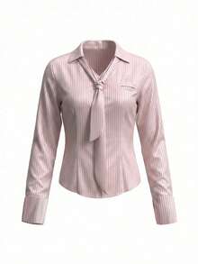 女士缎面领条纹修身长袖衬衫，甜美性感风格，春日粉色 - 粉色 - 查看 6