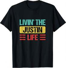 Men Clothes Women Trending Now Justin Name T-Shirt Men 90s Style Men's Retro American-Style Crew Neck Short-Sleeved T-Shirt, Comfortable And Breathable, A Summer Essential. - Black - View 1