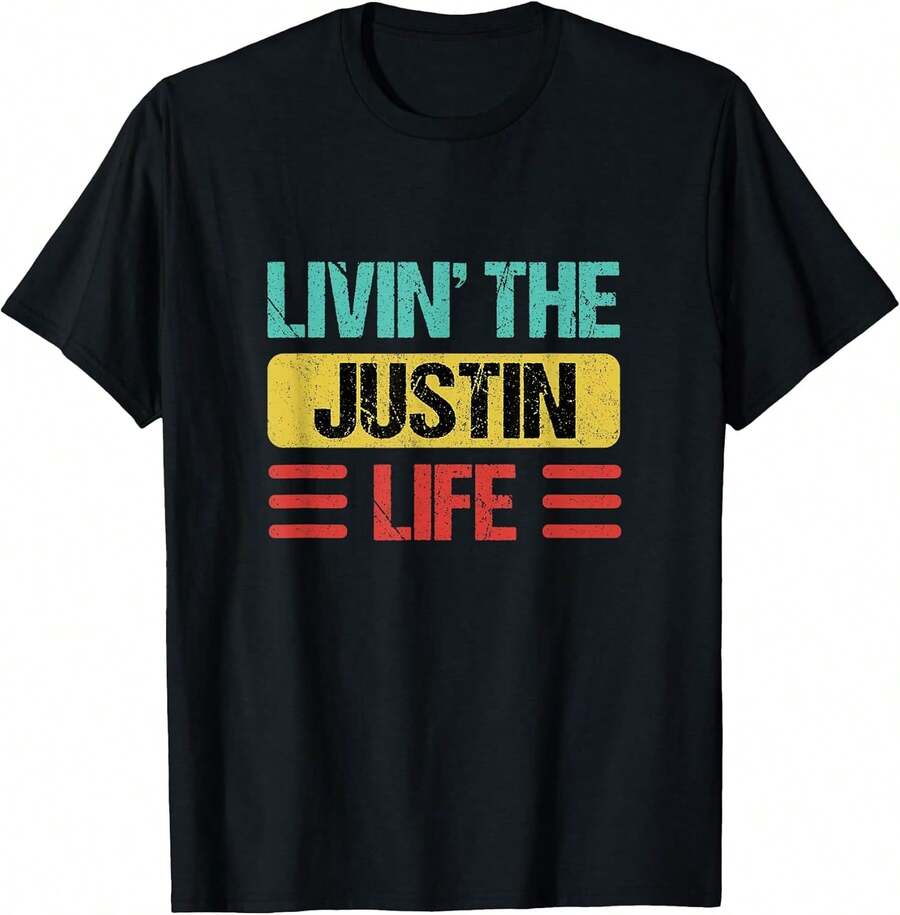 Men Clothes Women Trending Now Justin Name T-Shirt Men 90s Style Men's Retro American-Style Crew Neck Short-Sleeved T-Shirt, Comfortable And Breathable, A Summer Essential. - Black - View 1