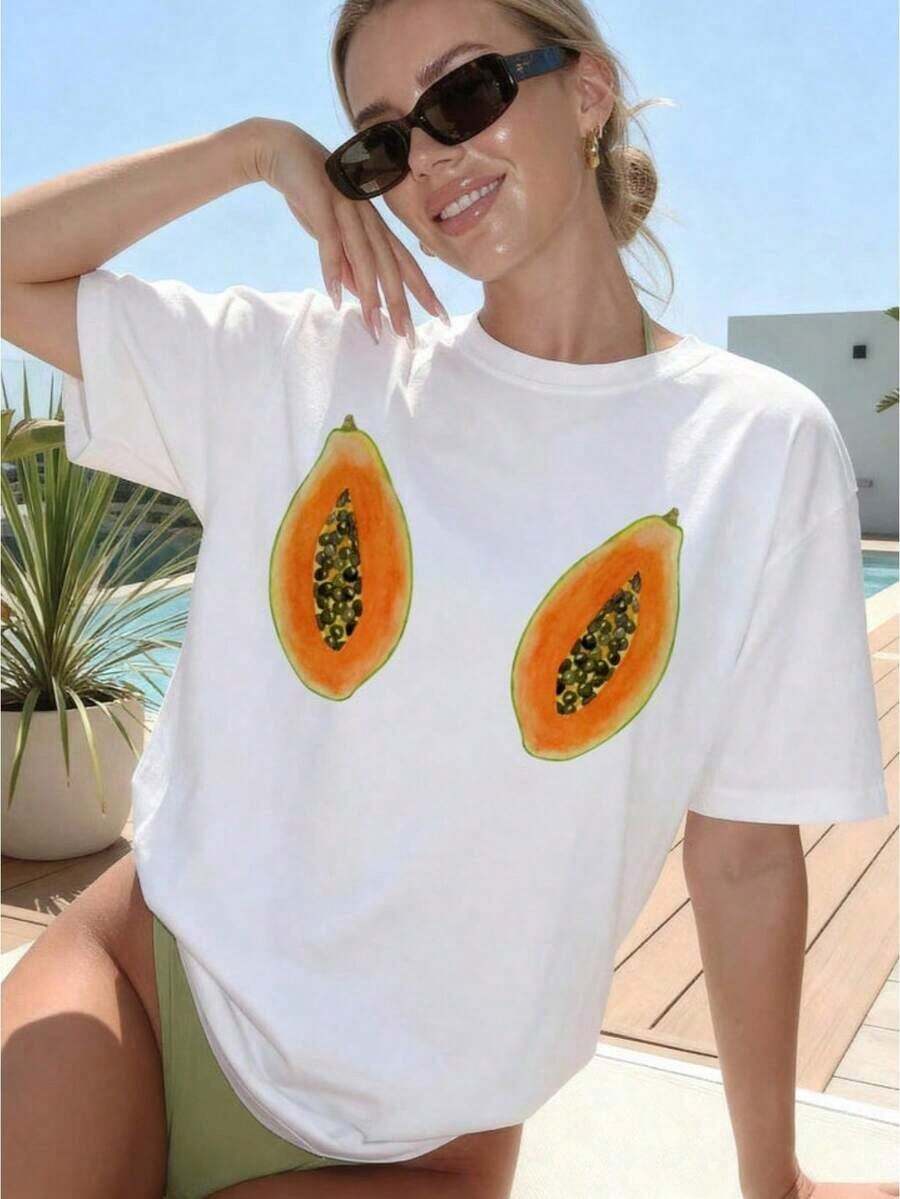 Papaya Shirt, Cottagecore Fruits Tee, Watercolor Papaya In Chest Shirts, Spring Fruit T-Shirt, Funny Summer Gifts For Her, Beach Outfits, 100% Cotton Womens Graphic T Shirts2026,Summer Clothes Women - 白色 - 查看 1