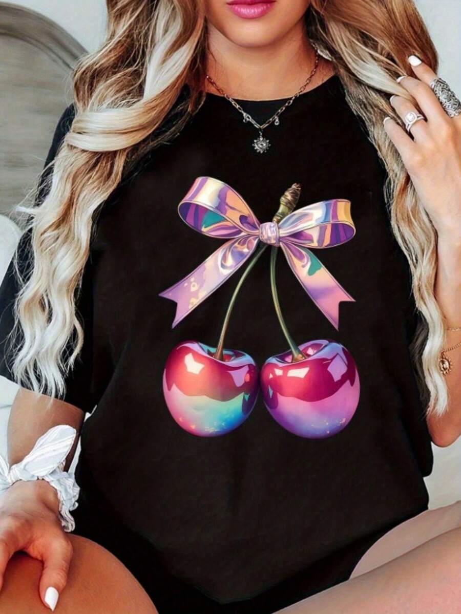 Women's 100% Cotton Anime Cherry And Bow Print T-Shirt - Kawaii Japanese Manga Style, Black Summer Crew Neck Top With Cherry Blossom And Cherry Design, Breathable, Casual And Party Suitable, Machine Washable, Relaxed Fit, Anime Graphic Tee, Playful Geometric Pattern, Vibrant Cherry And Bow Print, Relaxed Fit For Daily Wear And Themed Events, Japanese Style Women's Clothing-X
