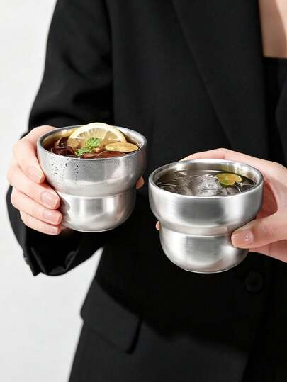 1pc Minimalist Luxury Stainless Steel Double-Layer Grip Coffee Cup, Designed Stainless Steel Mug, Double-Layer Open Mouth Water Cup For Home, Outdoor, Portable, Office, Suitable For Home, Gifts, Birthday, Dessert Shop, Afternoon Tea Shop, Coffee Shop, Office, Party, Gifts For Friends
