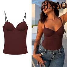 HXAO Woman Tops Corset Crop Top Women Sleeveless Black Brown Top With Straps Camisole Bodycon Backless Sexy Tops Bustier - 棕色 - 查看 9