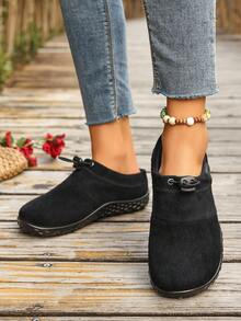 Women's Slip-On Casual Sports Shoes, Drawstring Design, Solid Color, Comfortable For Commuting, Daily Wear, All Seasons, Versatile - Black - View 3