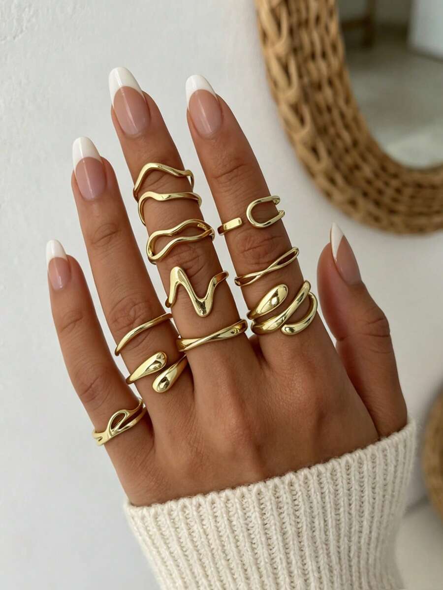 Set de 10 anillos de estilo INS con geoda irregular minimalista, acabado metálico liso para mujeres - Dorado - Ver 1