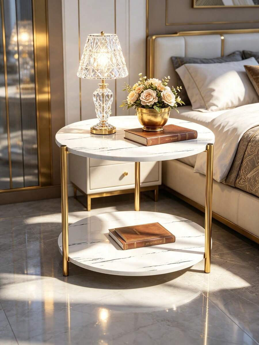 Round Side Table Made Of Composite Wood With A Marble-Effect Texture, Modern Minimalist Side Table For Sofa, 2-Tier Storage Unit - 白色 - 查看 1