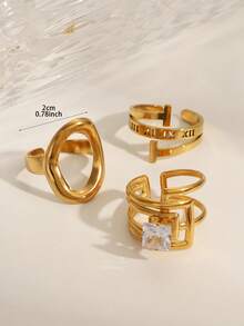 3件套时尚奢华不锈钢不对称立方氧化锆镂空圆环开口戒指套装，适合日常、派对、生日、订婚等场合。 - 金色 - 查看 3