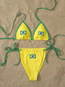Conjunto de bikini con estampado de bandera de Brasil, estilo brasileño con atar, bikini de dos piezas, bikini triángulo, bikini de cuello halter, estilo brasileño con atar, traje de baño con estampado de bandera, ropa de playa de verano, atuendo para la Copa del Mundo, bikini patriótico, traje de baño de secado rápido para vacaciones - Amarillo - Ver 3
