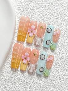 10片海洋童話手工穿戴甲，Polygel美甲套組，海星裝飾，手工花卉，藍色、黃色、綠色、粉色指甲油，清新風格，附美甲工具，3種尺寸可選，杏仁形、鴨嘴形、棺材形，適合派對、舞會、日常配戴 - 彩色 - 查看 4