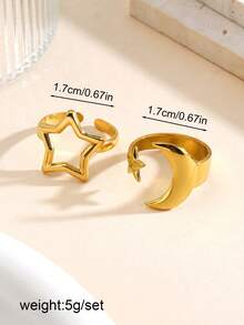2 piezas Anillos de acero inoxidable chapados en oro de 18K con diseño de estrella y luna para mujeres, para uso diario y de fiesta, regalo ideal para vacaciones - Dorado - Ver 2