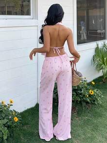 2 piezas Conjunto casual de vacaciones para mujer con top halter sin espalda y pantalones en color caqui tejido - Multicolor - Ver 2