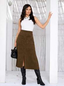 Women's Casual Elegant Suede Midi Skirt With Pockets, Front Slit, And Back Zipper - Sizes S, M, L, XL - 鏽棕色 - 查看 8