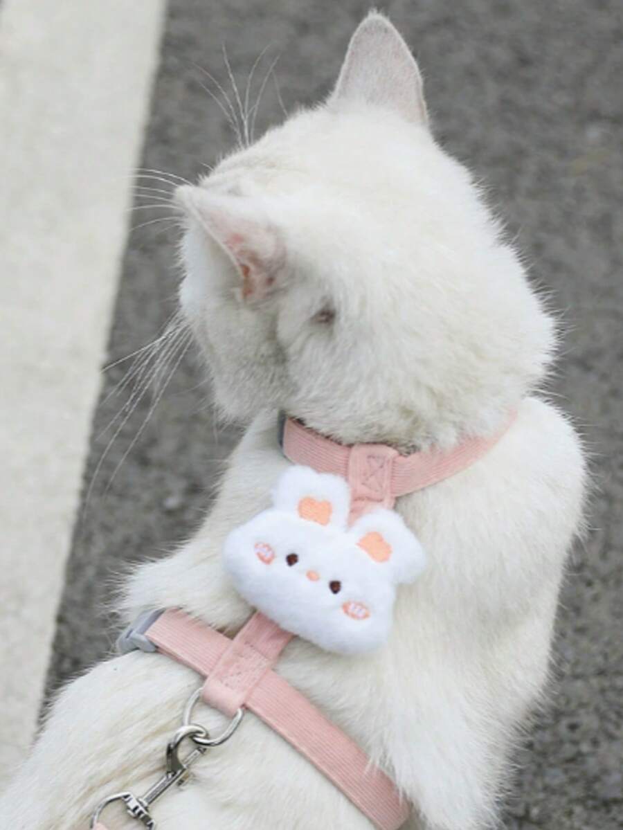 可调节猫绳套装，可爱毛绒熊兔造型，柔软防逃脱宠物胸背带，适合幼猫和小型犬，舒适的户外遛狗绳 - 粉色 - 查看 1
