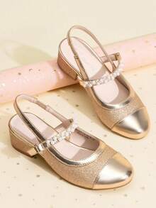 Girls Dress Shoes Slingback Heels Round Toe Pump For Little Big Kids Flower Party Wedding Princess - 金色 - 查看 2