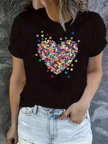 Nueva camiseta de cuello redondo para mujer, manga corta, holgada, casual y versátil con ‌ estampado de corazones ‌ , tejido suave y de buena caída - Blanco - Ver 6