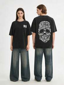 Camiseta retro desgastada para hombre - Estampado gráfico de calavera y texto "Beautiful Disaster", top casual de estilo urbano para uso diario, camiseta de algodón transpirable para regalos navideños 004-AB - Negro - Ver 8