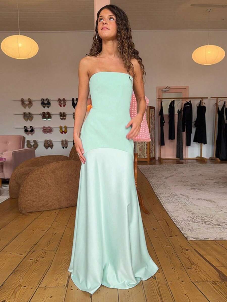 Vestido largo sirena sin tirantes con tul a la moda europeo y americano - Verde - Ver 1