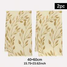 2pcs Kitchen Towels With Seamless Golden Leaf Pattern, Farmhouse Style Super Soft Fiber Kitchen Towels, Dish Cloths, Perfect Housewarming And Family Gathering Gift, Kitchen Dish Cloths & Towels, Holiday Home Decor - Gold - View 12