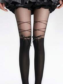 1 Pair Of Charming Ladies' Pantyhose With A Bow Design - Black Geometric Pattern, Non-Tangling, Comfortable And Fashionable, Suitable For Casual Wear - Black - View 9