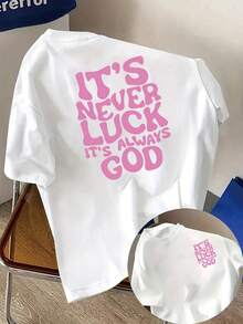Short Sleeve Printed T-Shirt With Front And Back Designs - Good Luck Always Comes From God, Luck Is Always From God - Fashionable Women's Printed T-Shirt For Spring/Summer, Item From , Versatile Casual T-Shirt. - White - View 6