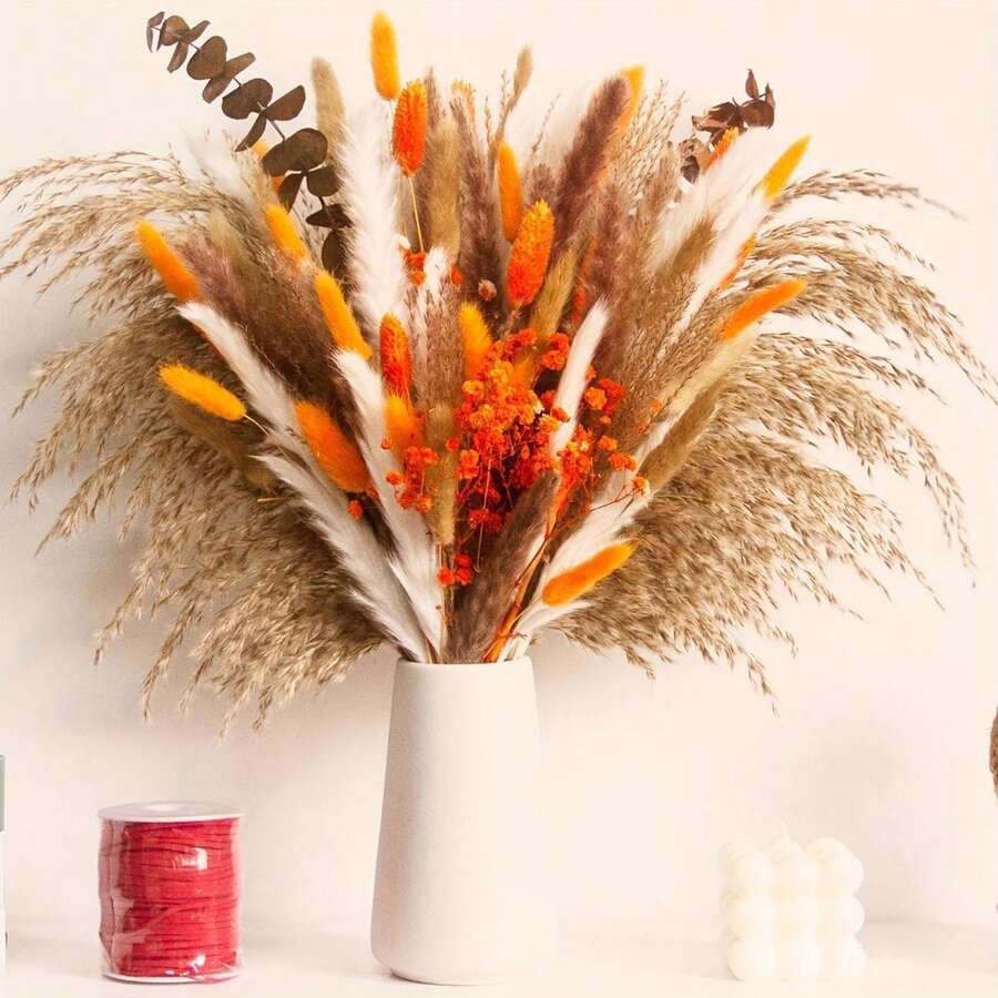 128pcs Autumn Elegance Dried Flower Bouquet - Preserved Gypsophila, Pampas Grass & Eucalyptus For Home & Office Decor | Perfect For Weddings, Parties & Seasonal Celebrations - Orange Color - View 1