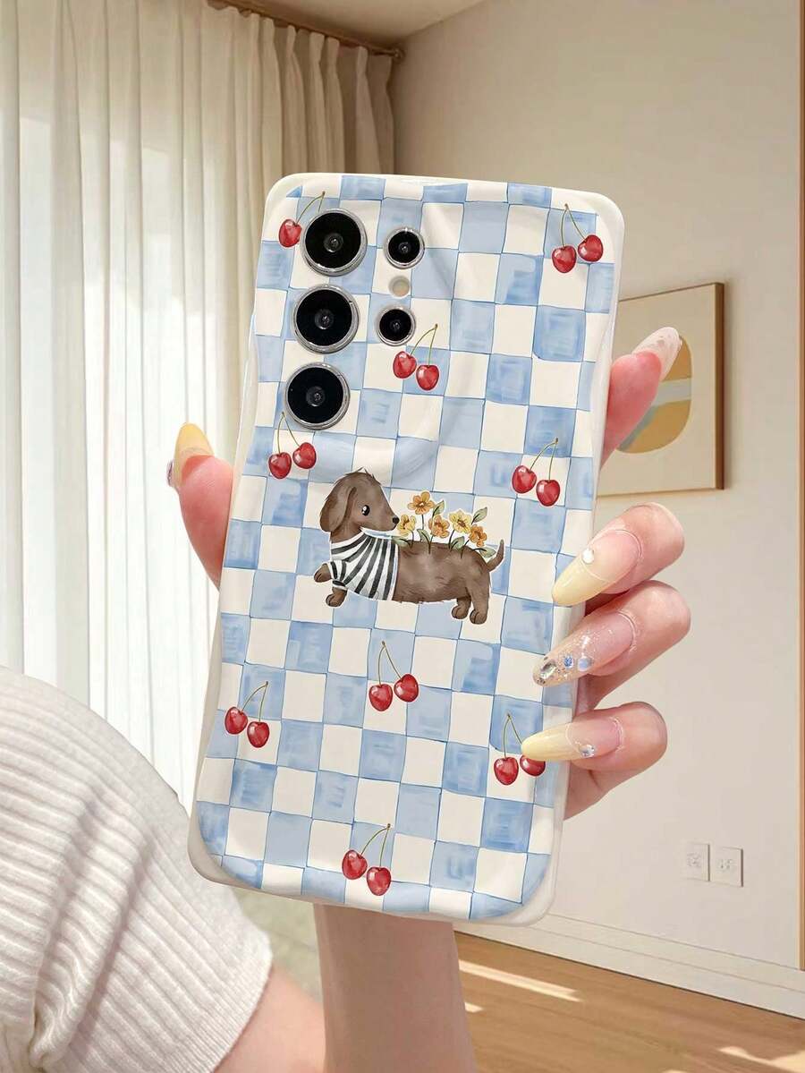 1pc Cute Puppy & Plaid Pattern TPU Material White Cream Texture Shockproof Anti-Slip Protective Phone Case, Compatible With IPhone, Honor, - Beige - View 1