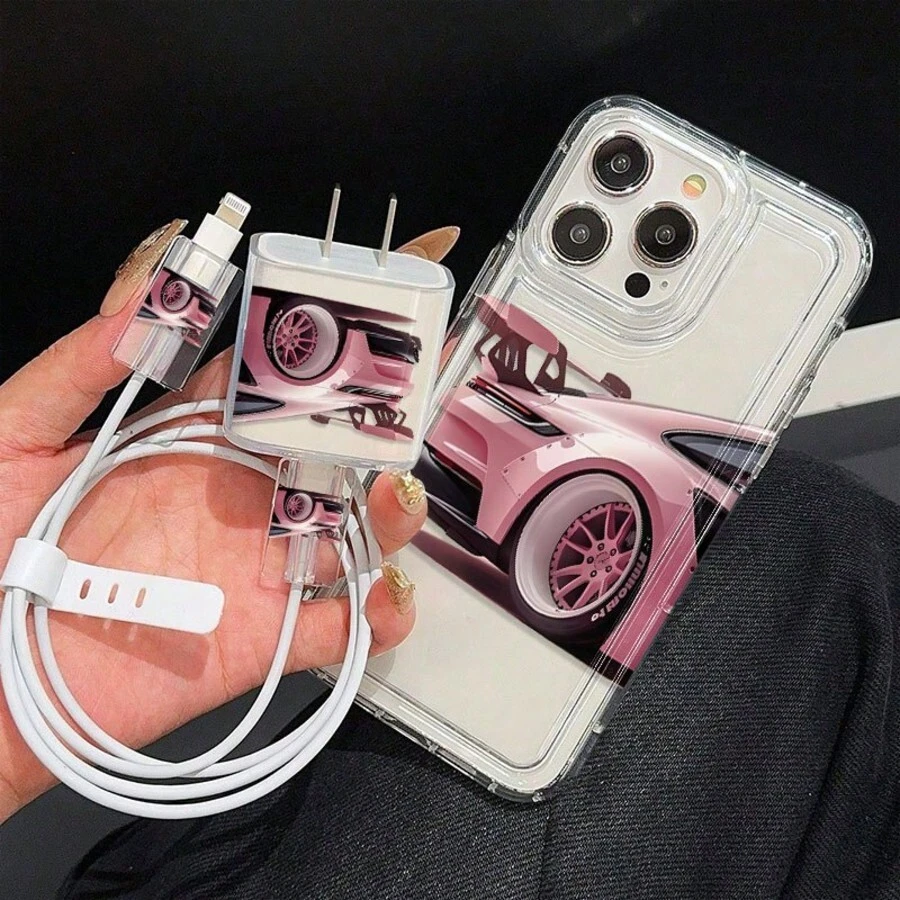 5-In-1 Cartoon Motorcycle Pattern Soft TPU Shockproof Protective Phone Case Set - Includes Phone Case, Charger Head Cover, Cable Protector, Storage Cord, Compatible With IPhone 6/7/8/X/XS/XR/11/12/13/14/15/16 Pro Max. Suitable As Birthday Or Christmas Gift For Couples, Girlfriends, Daughters, Teens - Multicolor - View 1
