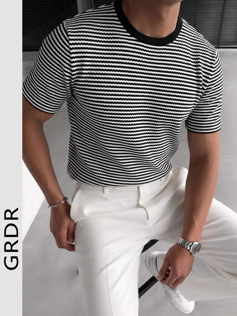 Camiseta de manga corta a rayas de moda para hombres GRDR | Diseño exquisito | Esencial de verano | Fácil de combinar | Muestra tu estilo