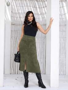 Women's Casual Elegant Suede Midi Skirt With Pockets, Front Slit, And Back Zipper - Sizes S, M, L, XL - 軍綠色 - 查看 6