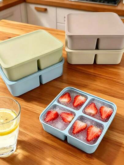 4-Cavity Square 100% Silicone Tray With Lid, Flexible Freezer Mold For Easy Ice Release, Suitable For Storing Broth, Leftovers, Prep Ingredients, And Making Clear Ice Cubes For Fish Tails And Whiskey. Dishwasher , Heat Resistant, And Reusable.