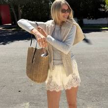 Mini Summer Lace Satin Shorts Lace Trim Casual Shorts for Women Beach Daily Wear - Champán - Ver 10