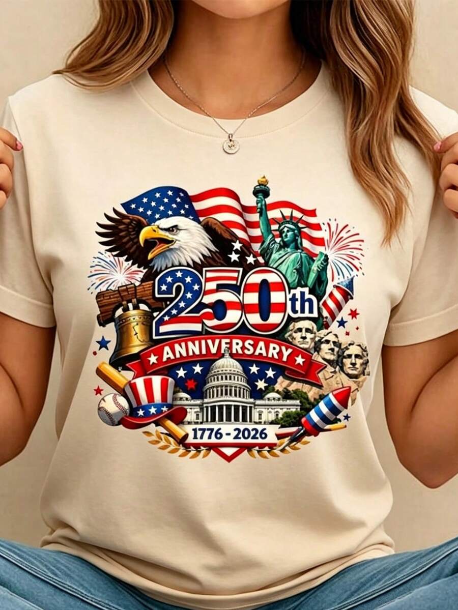 Women's Crew Neck Summer Tee USA 250th Anniversary Patriotic Print Regular Fit Top Perfect For National Celebrations & Daily Casual Wear & Leisure Outings - 杏色 - 查看 1