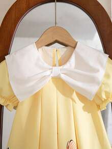 Young Girls Summer New Peter Pan Collar Bow Ruffle Cartoon Animal & Plant Print Casual Dress - Yellow - View 4